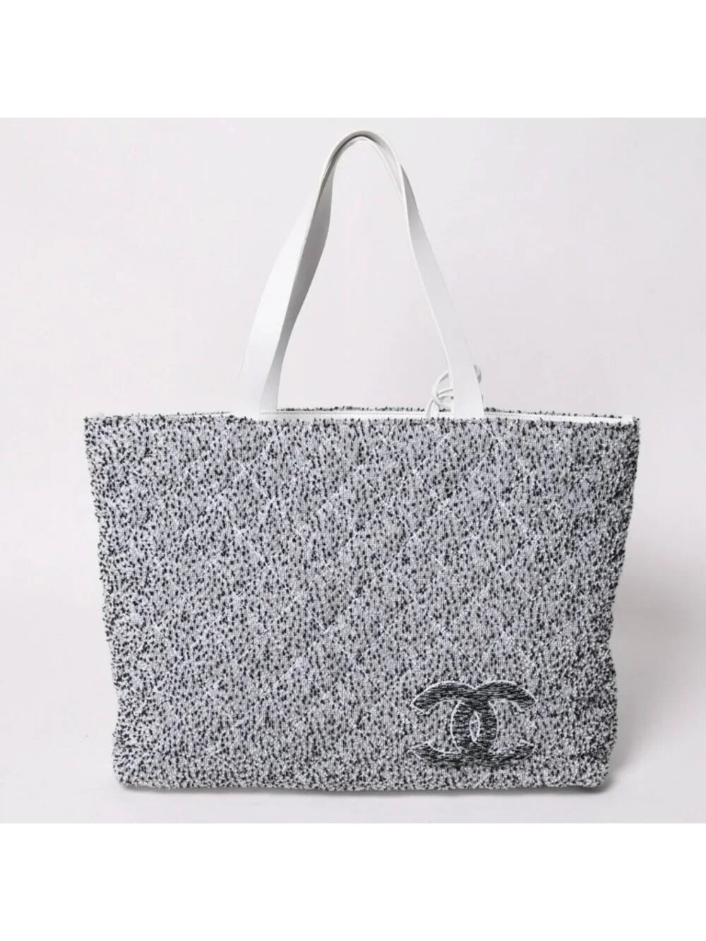 Chanel Cruise Collection Pile Beach Terry Cloth CC Logo White Gray Tote Bag